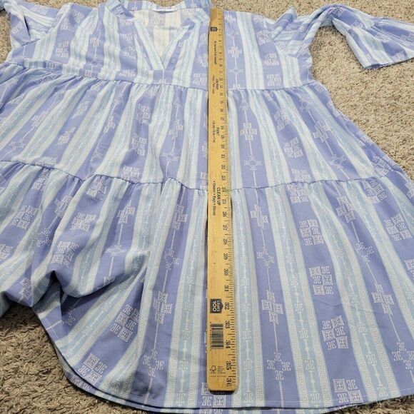 Michelle McDowell Dress Womens 2X Blue Geometric V Neck Pleat Bell Sleeve - Picture 5 of 8